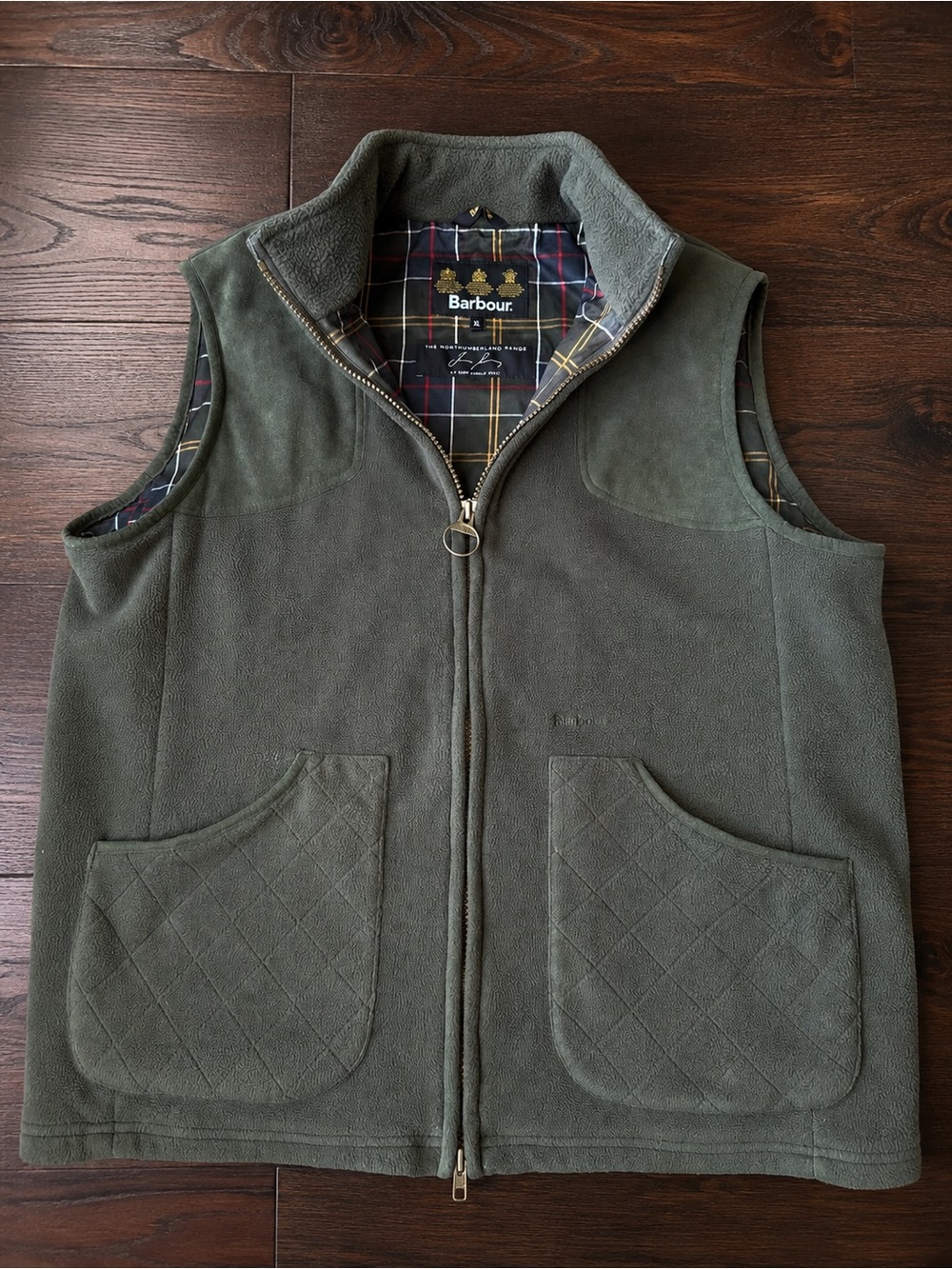 Barbour Men’s Olive Green Fleece Vest Gilet Suede Shoulder Tartan Lined XL